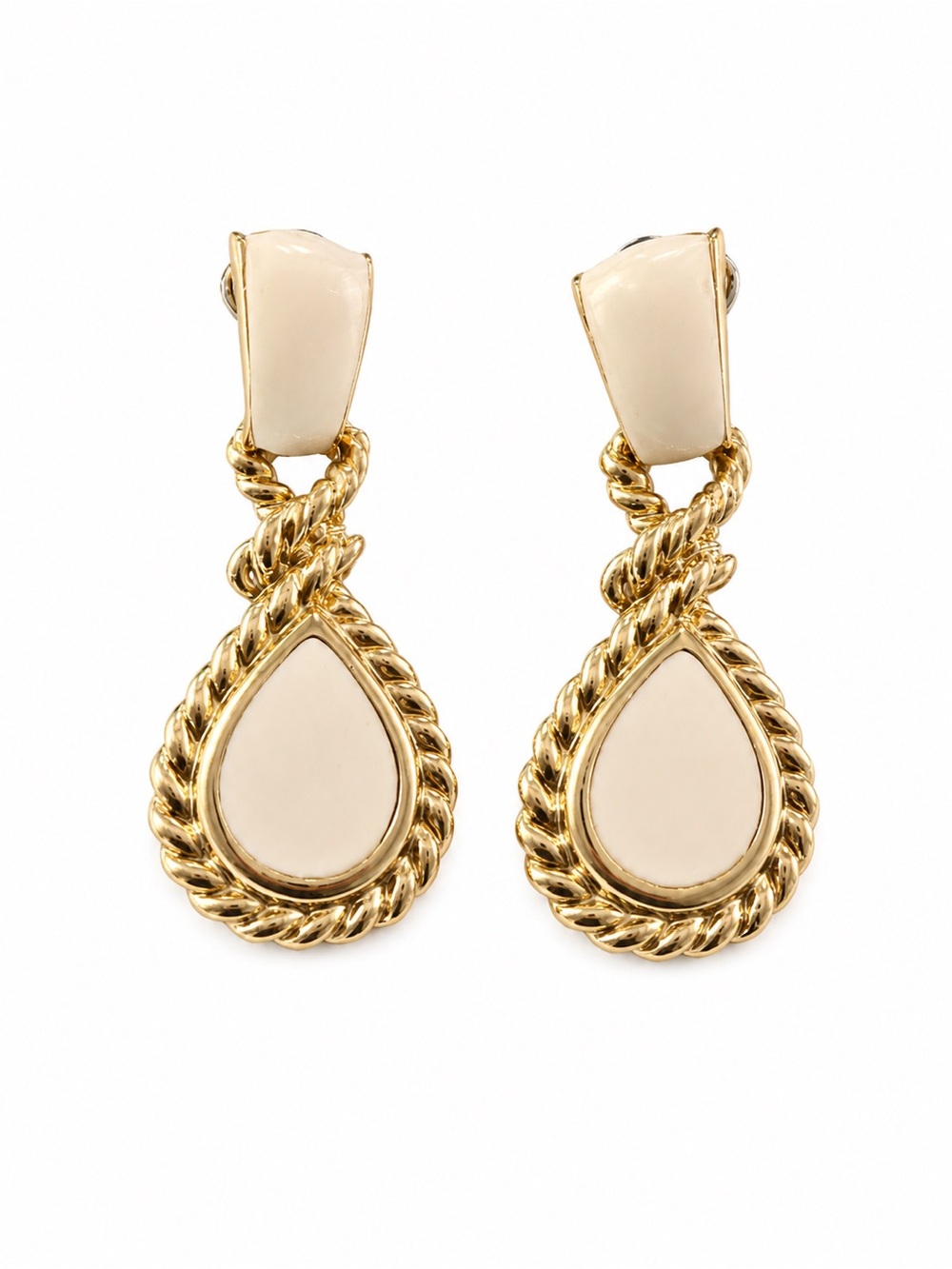 Vintage Gold Tone Cream Enamel Teardrop Dangle Earrings Rope Twi